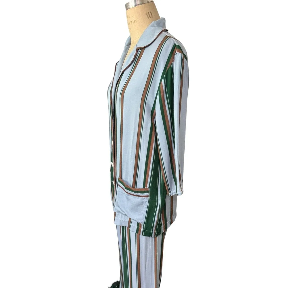 Sleeper Pajama Set Women Small Blue Green Striped Ostrich Feather Trim 2 Piece